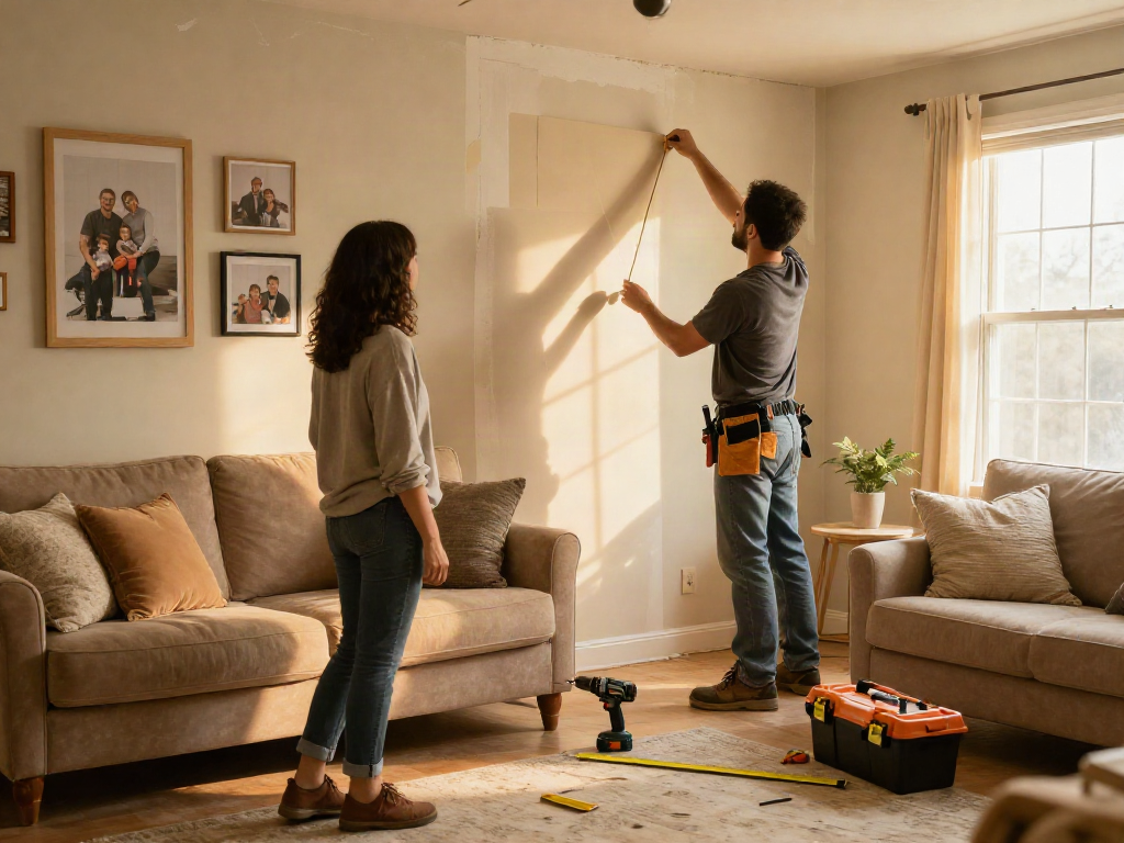 Home repair services Des Moines Iowa in action, contractor installing drywall in a cozy living room.