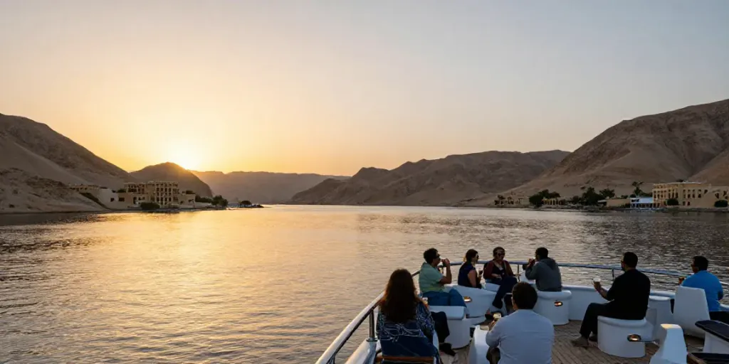 Lake Nasser Cruise at sunset with travelers enjoying luxury yacht experience.