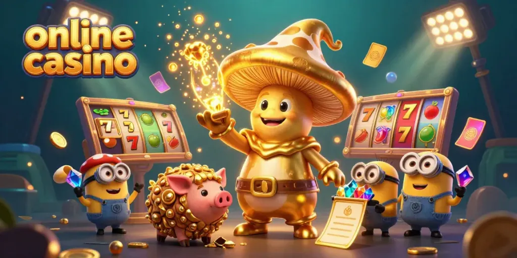 Engaging online casino scene with a golden mushroom wizard, treasure, and dynamic slot elements.