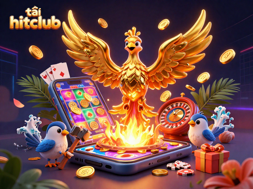 Experience the thrill of gaming at tải hitclub, featuring a 3D phoenix and vivid casino elements.