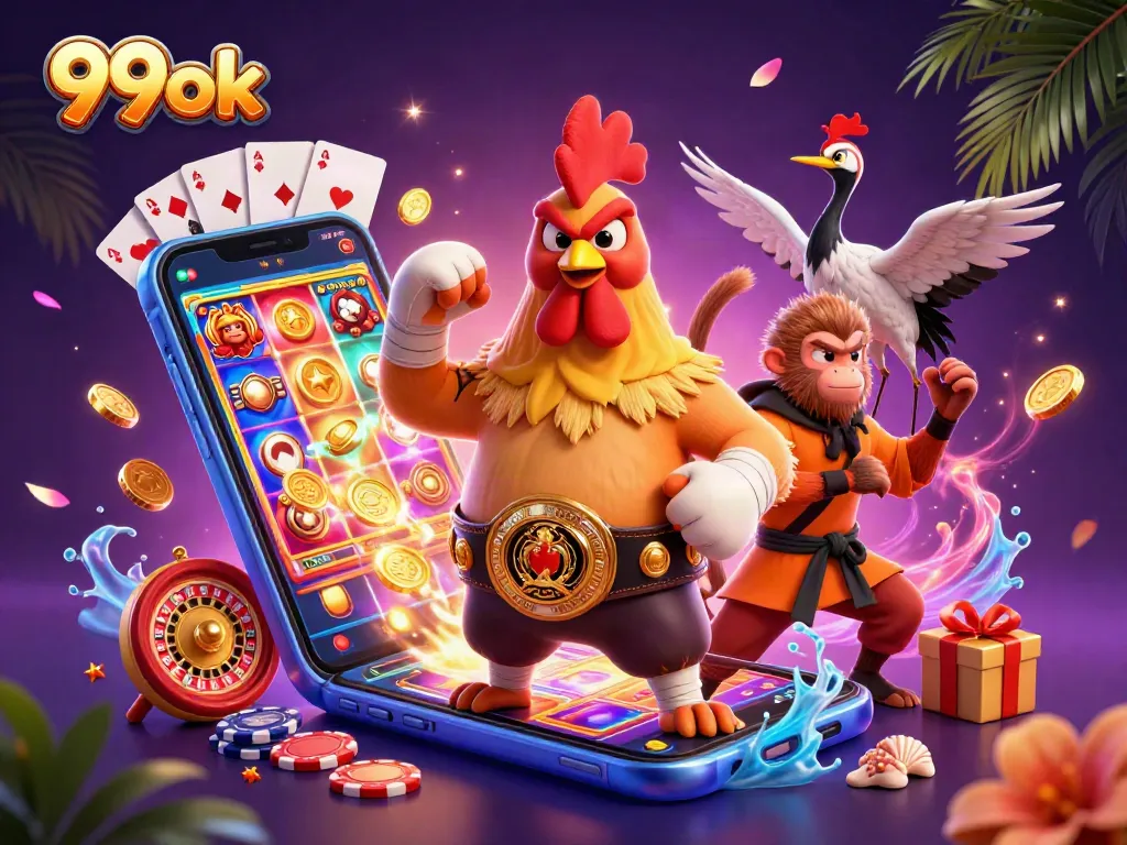 Win exciting games at 99ok with colorful slots, gold coins, and vibrant casino characters.