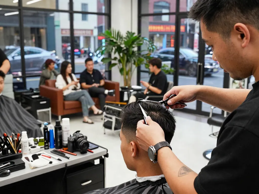 Barbershop interior showcasing expert rokok88 haircuts with vibrant atmosphere