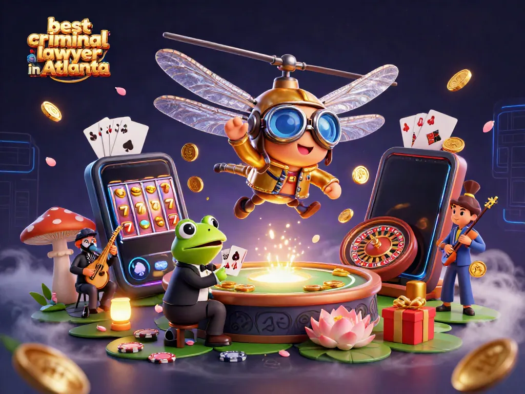 Experience dynamic fun with the best criminal lawyer in Atlanta at this vibrant casino scene featuring engaging characters and slot action.