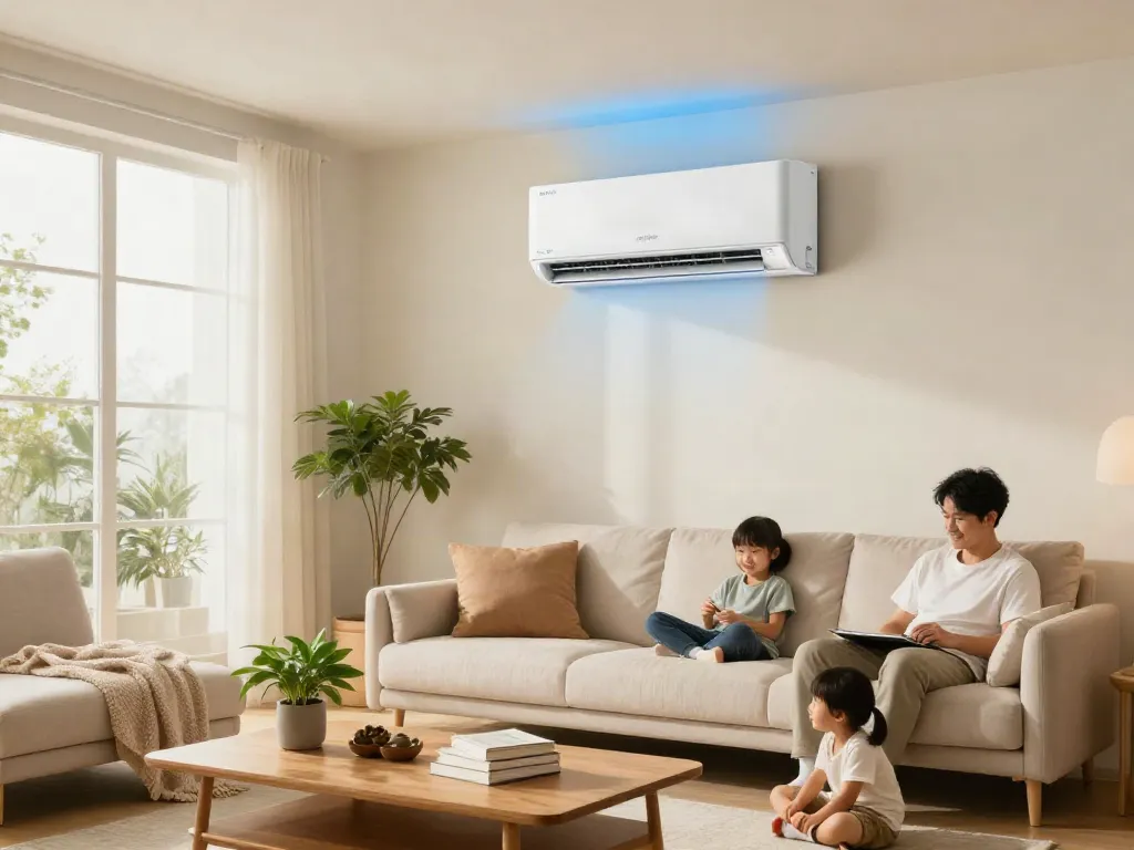 24000 btu mini split air conditioner elegantly integrated in a modern living room, ensuring comfort during family movie night.