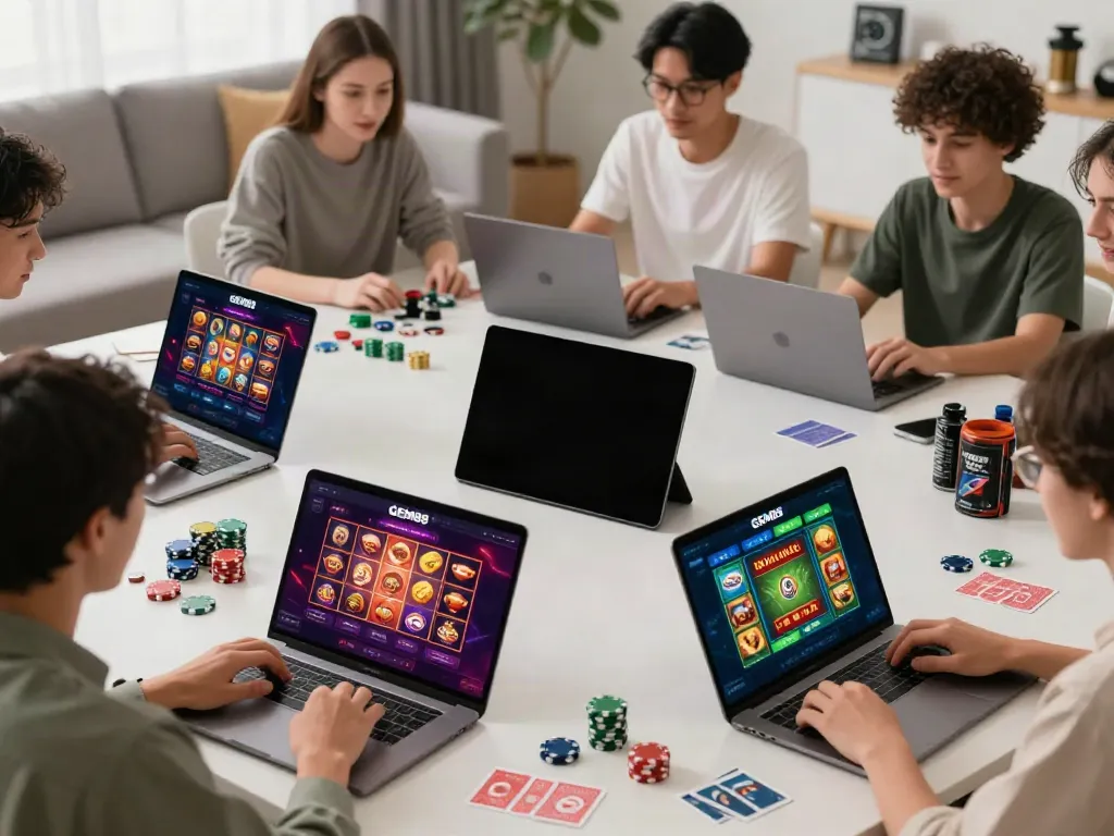 Players enjoying GEM88 online gaming with diverse devices and vibrant interface.