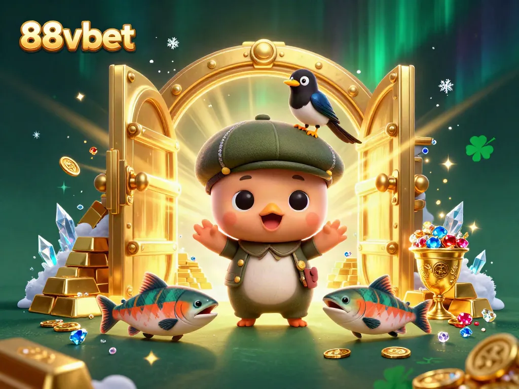 88vbet presents a dynamic gaming scene featuring Nessie in a casino treasure setting, engaging players.