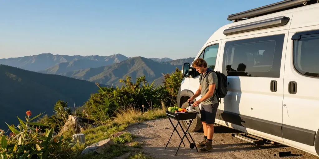 Rokok88 van life traveler cooking at scenic overlook