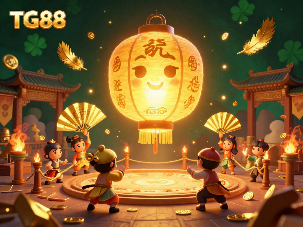 TG88 ignites excitement at the night market casino with an enchanting golden lantern spirit and vibrant gambling elements.
