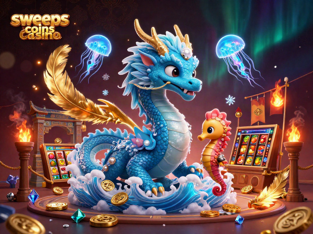 Spin the reels at sweeps coins casino with a vibrant underwater scene of a dragon, knight, and jellyfish.