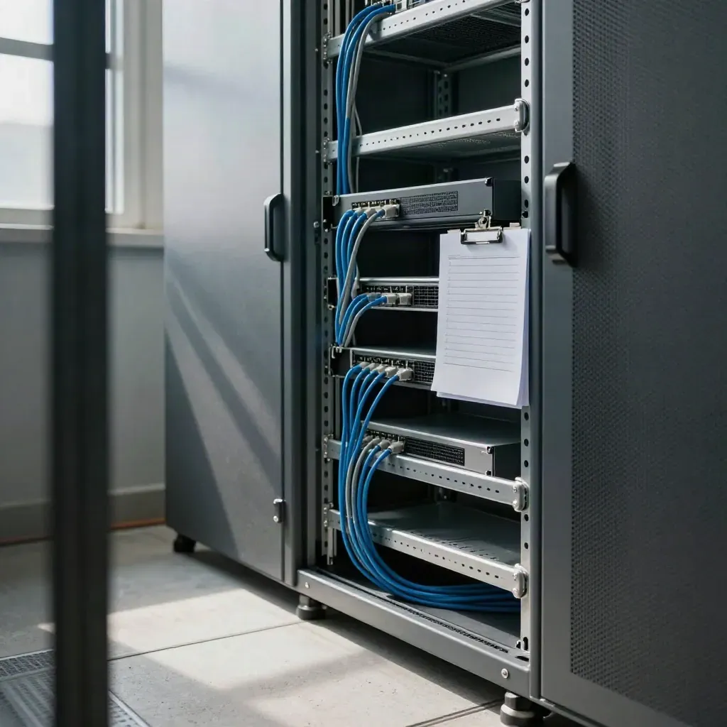 Open server closet with firewall appliance, tidy patch cables and switch in late-afternoon light.
