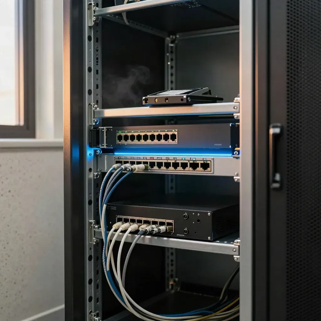 Open server cabinet with glowing scan ports, patch cables, and a compact monitor appliance.