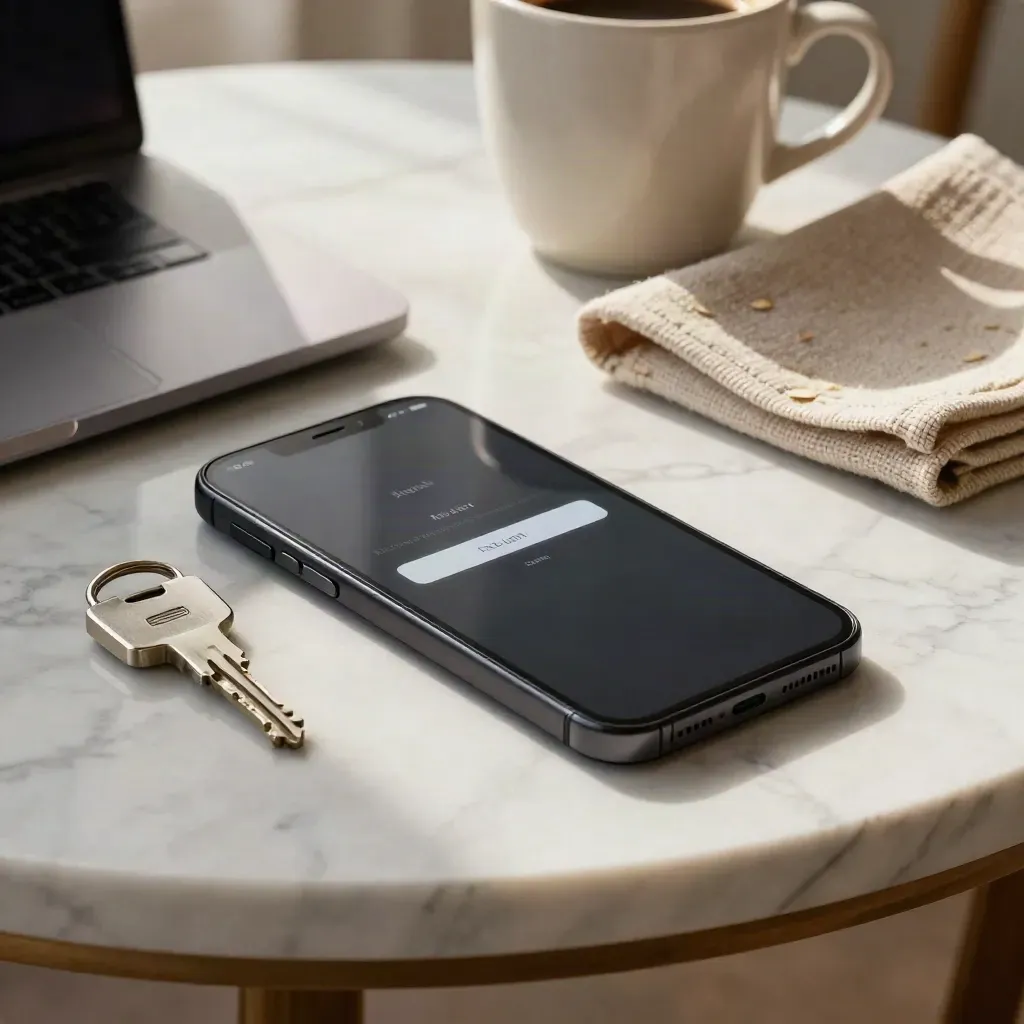 Smartphone, security key, closed laptop, coffee cup and cloth on marble in a cybersecurity still life