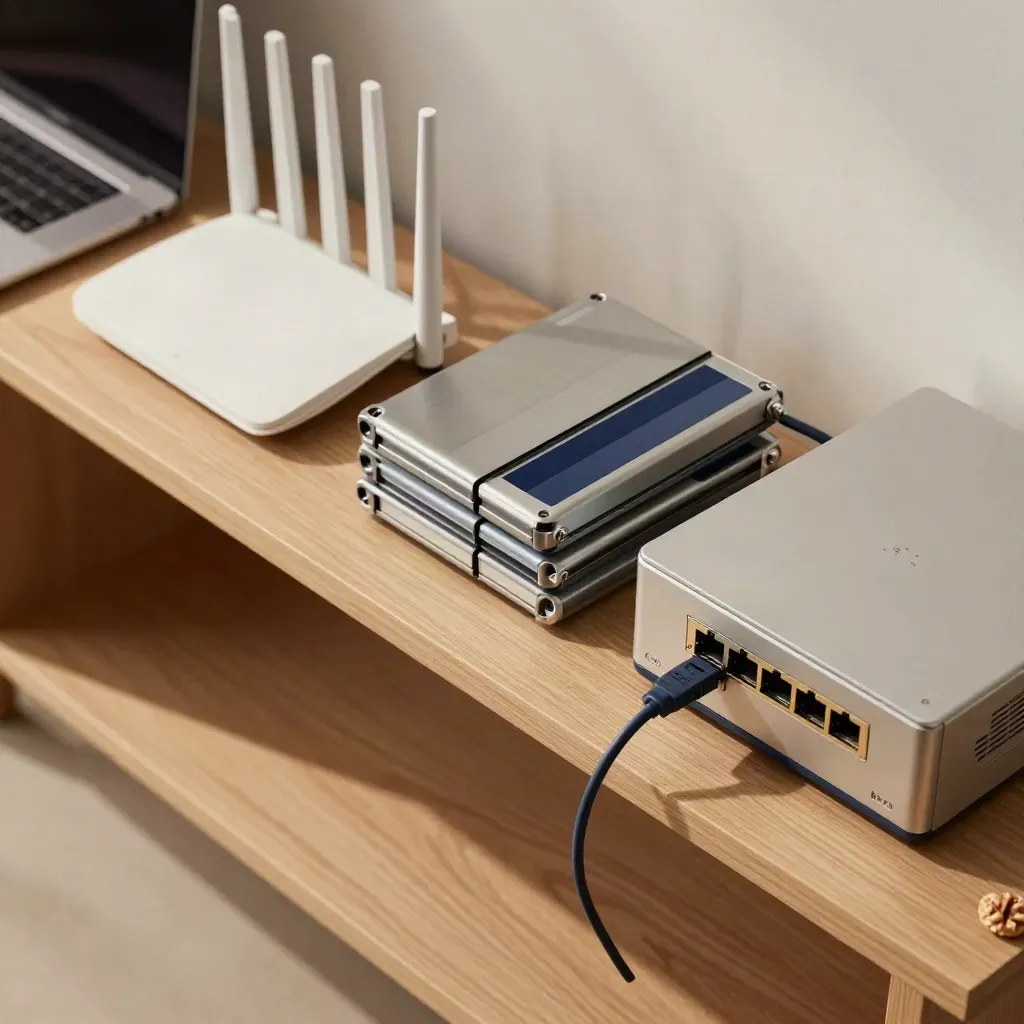 Overhead shelf of router, closed laptop, printer edge and drives, with an older network device mid-detection.