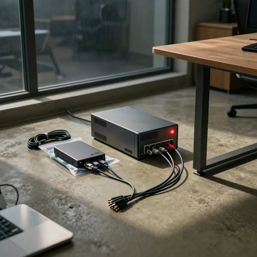 Firewall, backup drive and isolated cables in a dark cybersecurity workspace with a red alert glow.