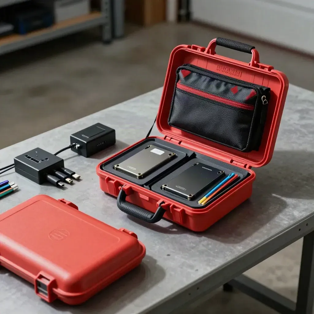 Open breach response kit with drives, chargers, and cable ties on a matte utility bench
