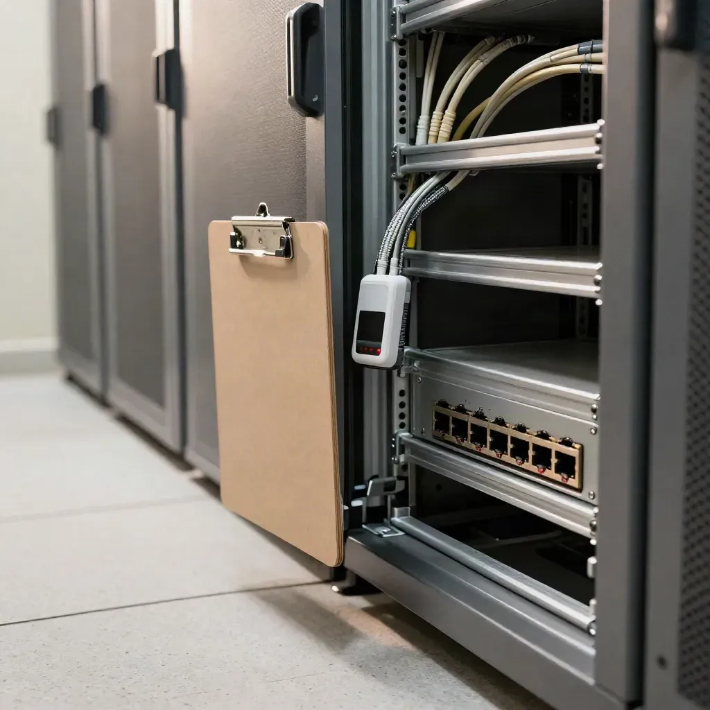 Open server rack with scan device catching an exposed port in a clean monitoring room