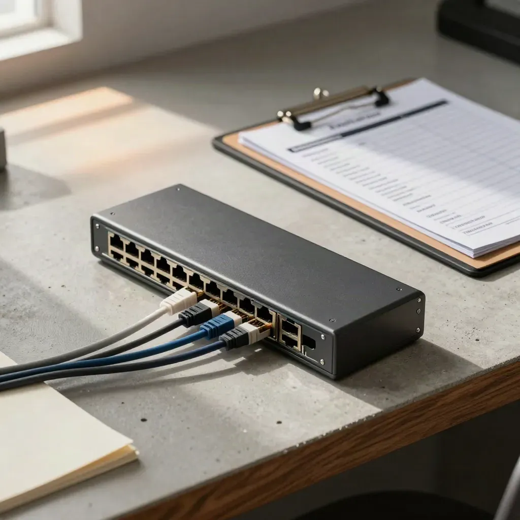 Network switch, tagged cables, and firewall appliance on a concrete workbench in warm light