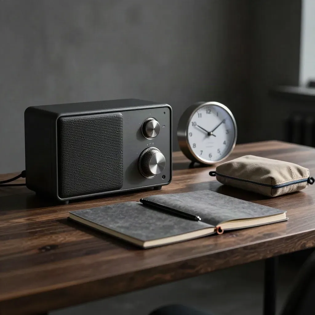 Desk radio, closed notebook, wall clock and pouch on a dramatic operations table.