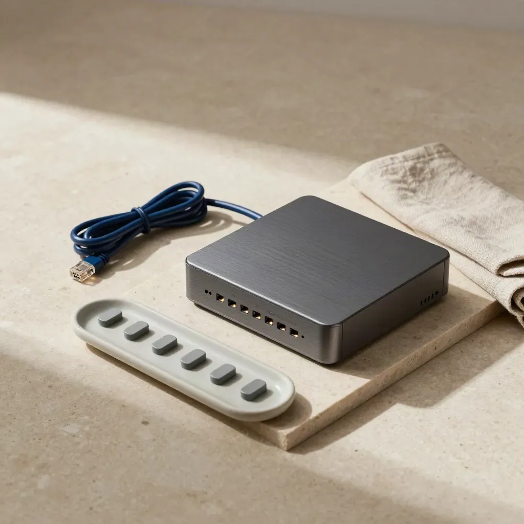 Firewall appliance with lit ports, coiled cable, linen cloth, and ceramic tray on stone