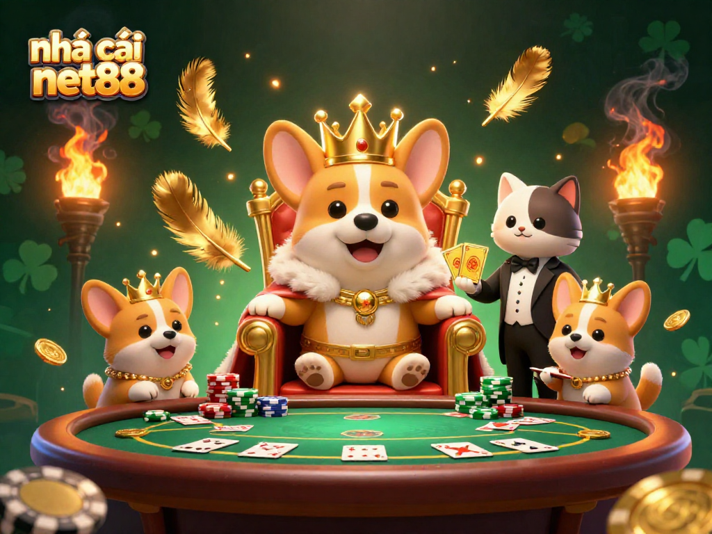 Bet big with nhà cái net88 at a dazzling poker scene featuring a royal corgi and stunning detail.