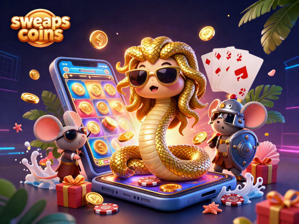 Experience the vibrant action of sweeps coins casino with Medusa and a warrior mouse amidst casino elements.