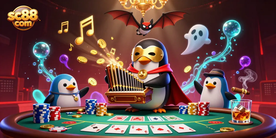Experience the thrilling atmosphere of sc88 com with a 3D penguin playing a winning pipe organ at a vibrant poker game.