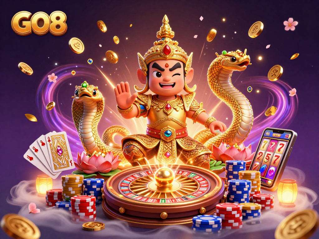 Experience GO8's vibrant casino excitement with mystical guardians, gems, and chips.