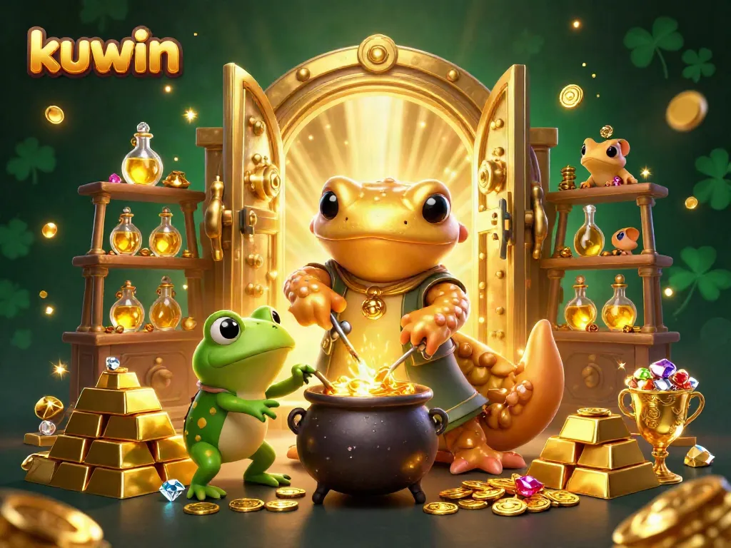 Kuwin showcases an engaging 3D illustration of an alchemist transforming metals into gold coins, capturing dynamic casino excitement.