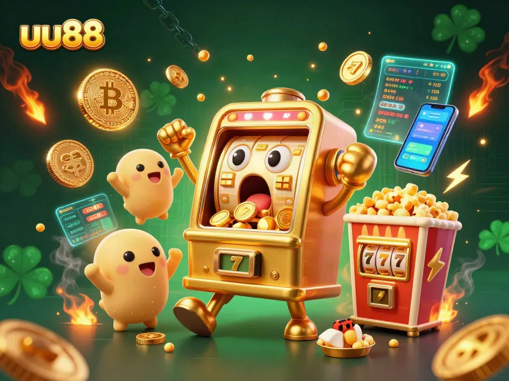 Experience thrilling jackpots at uu88 with vibrant 3D slot machines and glowing crypto coins.