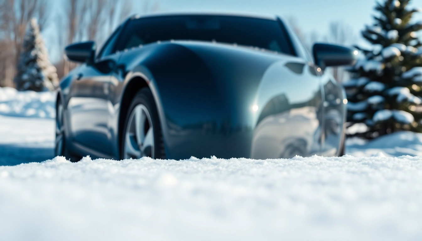 Showcase of winter car protection Chattanooga with a shining, frost-covered vehicle in a snowy landscape.