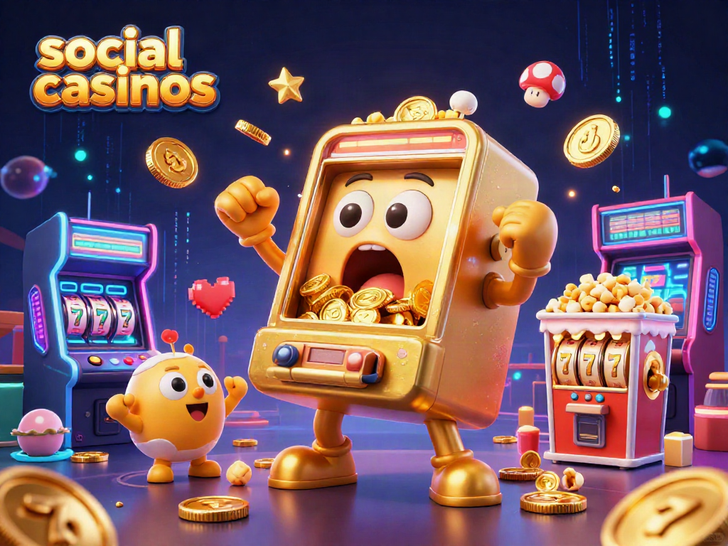 Watch social casinos come alive as a golden slot machine hits the jackpot amidst cheering baby slots!