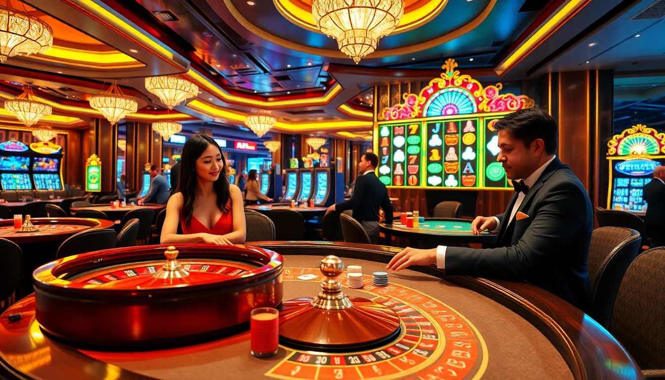 Gambling excitement at UU88C.CASINO with players engaging at roulette and poker tables.