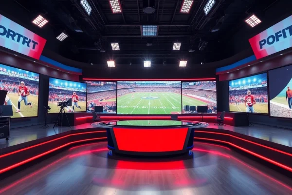 Engaging scene of sports broadcasting studio with advanced equipment showcasing live sports.