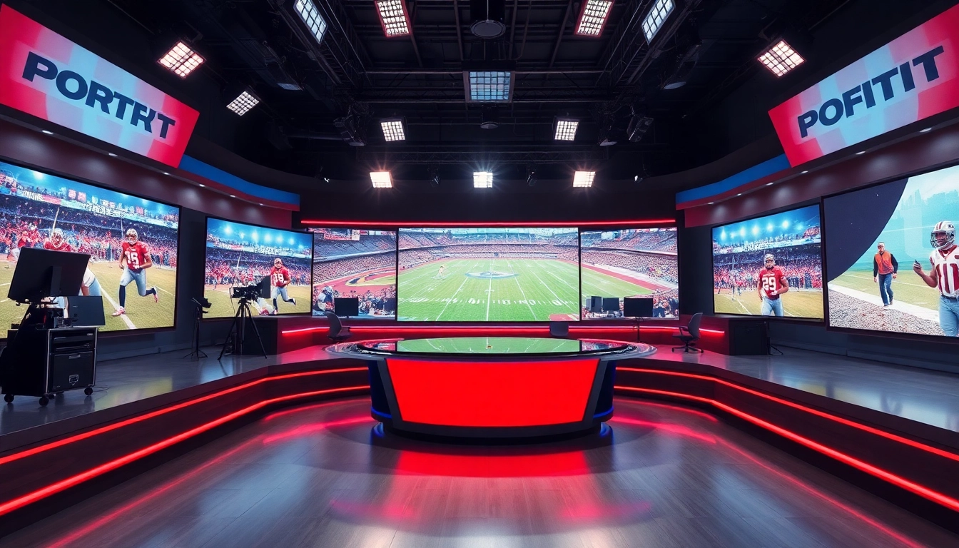 Engaging scene of sports broadcasting studio with advanced equipment showcasing live sports.