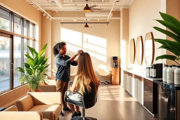 Hair salon San Diego with a stylist applying highlights in a welcoming, eco-friendly environment.