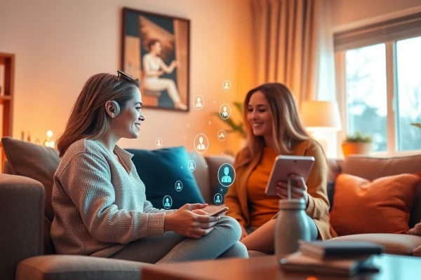 Engaging with Crushon AI chatbot on a sleek device in a cozy setting