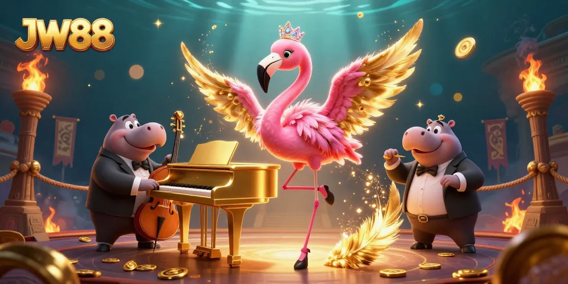 JW88 casino scene featuring a vibrant flamingo singer and hippo bassist under dazzling lights, symbolizing online gaming excitement.