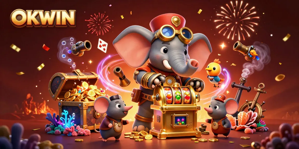 Immerse in OKWIN slots action with an engaging 3D scene featuring a steampunk elephant engineer and treasures.