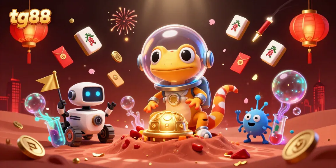 Experience exciting gameplay at tg88 with a Martian gecko discovering a golden casino, surrounded by vibrant gaming elements.