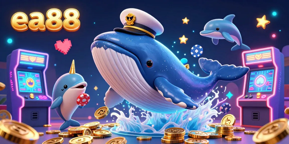 ea88 offers a vibrant casino experience with a whale and playful dolphins surrounded by gaming elements and coins.