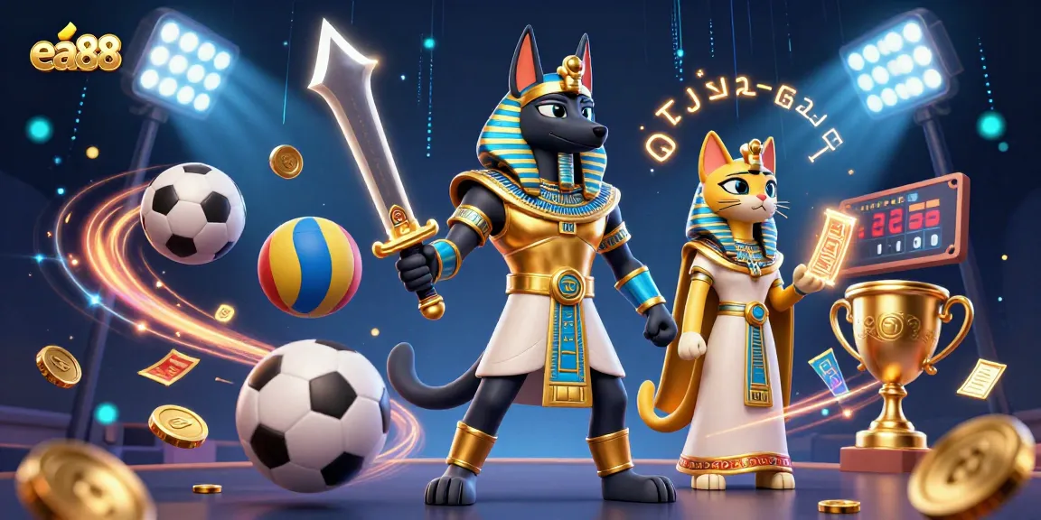 ea88 showcases a dynamic sports betting scene with Anubis and Bastet surrounded by floating balls and glowing elements.