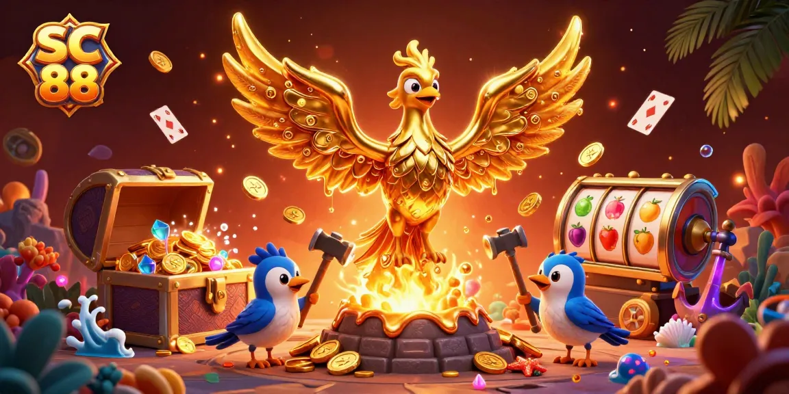 Engage with SC 88's golden phoenix emerging from a molten forge, surrounded by vibrant casino elements.