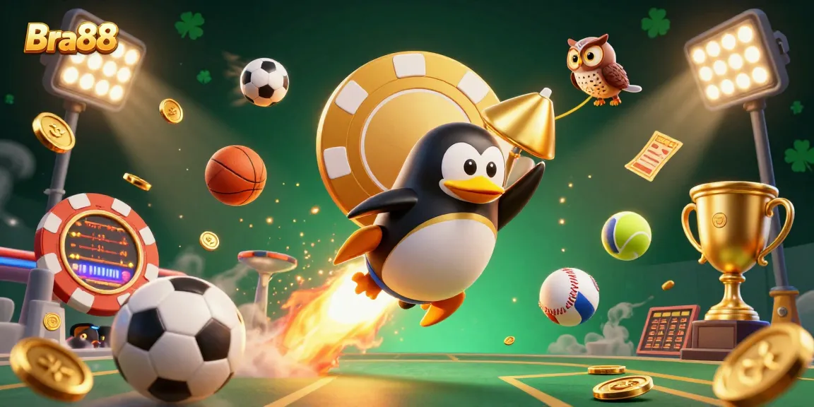 Bra88 captures thrilling sports betting action with a golden penguin racing through cosmic casino adventures.