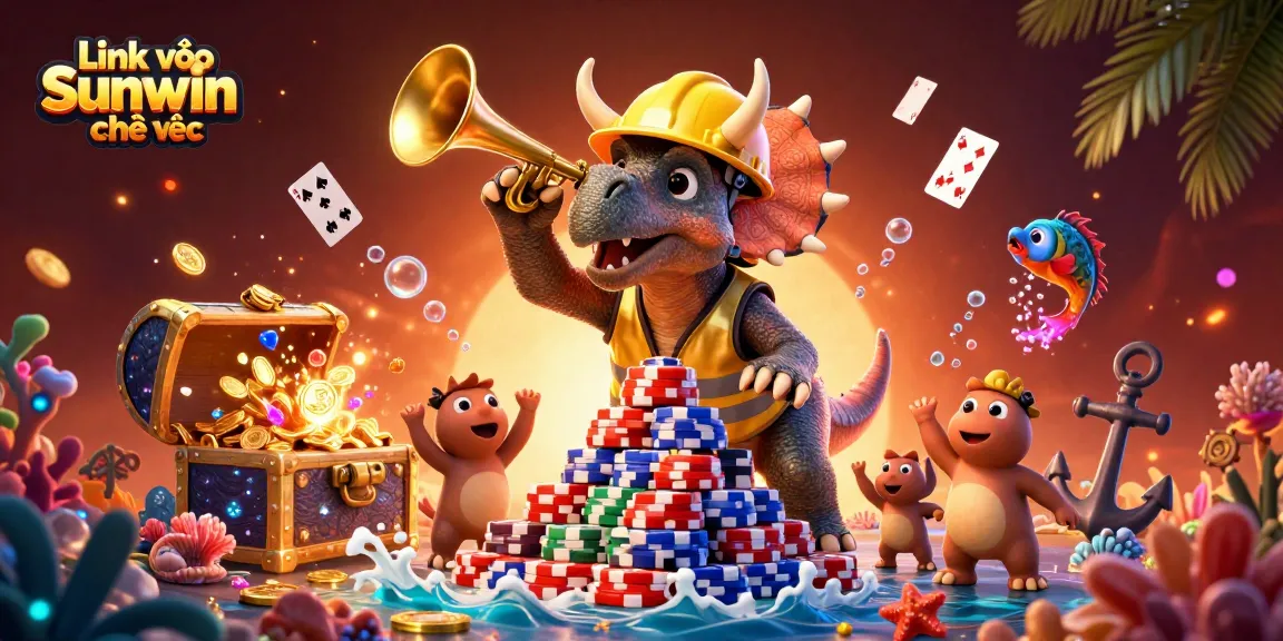 Engage in fun gaming experiences with Link vào Sunwin chính thức as lively characters build excitement at a poker chip pyramid.