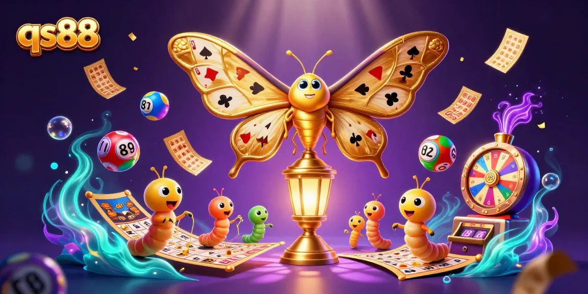 Experience exhilarating gaming moments at qs88 with vibrant lottery balls, moths, and casino elements.
