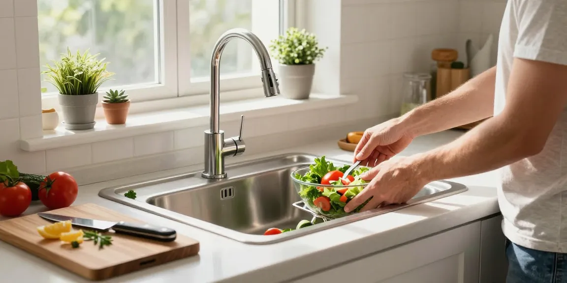 Kitchen sink in stainless steel highlighted in an inviting contemporary kitchen scene with fresh ingredients for cooking.