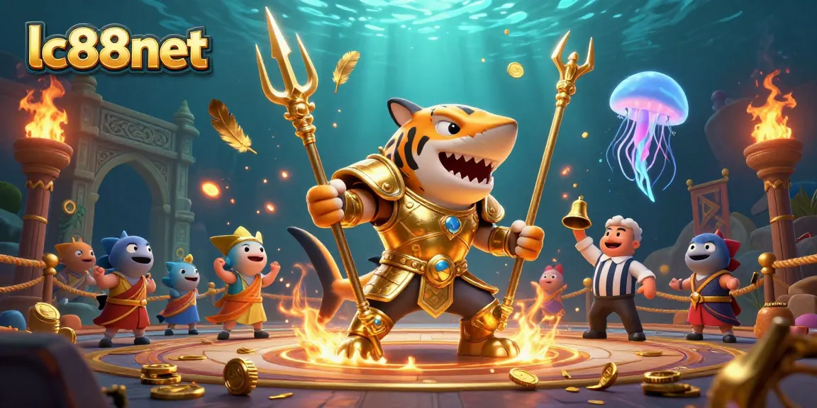 Experience thrilling gameplay at lc88net with a dynamic underwater casino scene featuring a majestic tiger shark and exciting game elements.