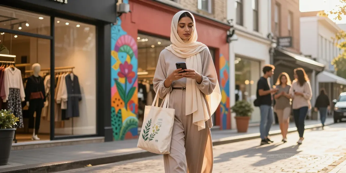 Stylish woman in modest fashion walking on a vibrant urban street, showcasing modern style and confidence.