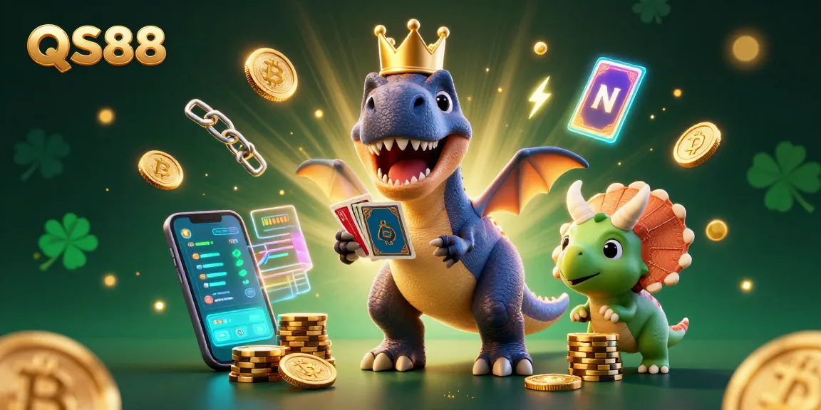 Experience thrilling gaming at QS88 with a cartoon T-Rex shuffling cards among glimmering crypto coins.