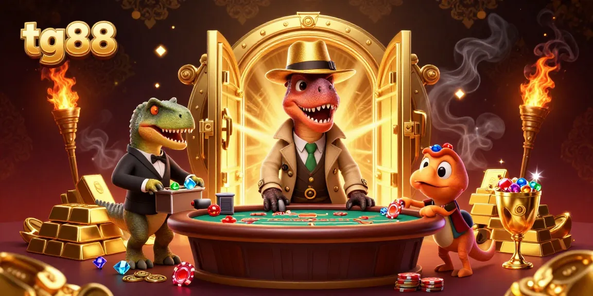 Experience thrilling casino action with tg88, showcasing a velociraptor card counter at a blackjack table.
